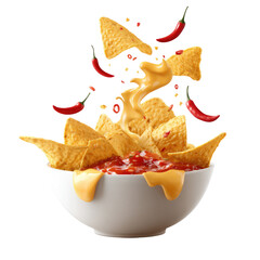 A white bowl brimming with tortilla chips, a spicy sauce, and melted cheese, with chili peppers flying around