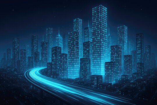 Futuristic neon blue digital cityscape with glowing binary code skyscrapers and light trails
