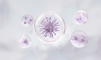 Bacteria inside bubbles antivirus sick infection protection care healthy molecule liquid atom cosmetic repair clean microbiology medical. 3d render illustration