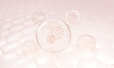 Collagen serum oil skin Molecules bubbles skincare cosmetic moisturizer drop liquid cream beauty medical microbiology. 3d render illustration