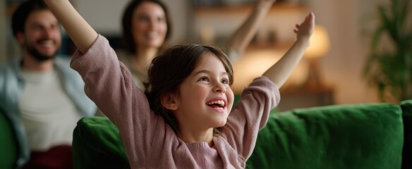 The happy girl celebrating with her family in a cozy living room.