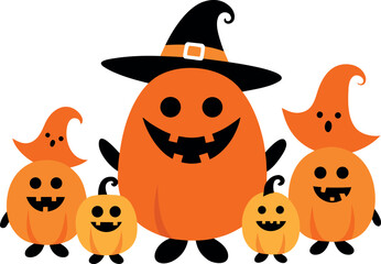 Nine Cartoon Halloween Pumpkins Each Wearing a Witch Hat Funny Costume Design