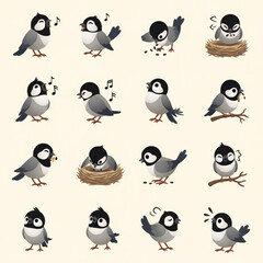 Obraz premium Bird Character Vector Set – Toucans, Robins, Nesting Birds, and Cartoon Expressions Children's Books