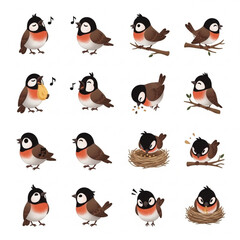 Obraz premium Bird Character Vector Set – Toucans, Robins, Nesting Birds, and Cartoon Expressions Children's Books, and Nature-Themed Projects