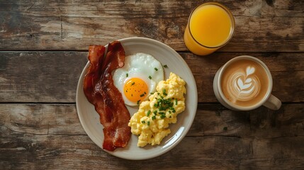 Delicious breakfast plate with fried eggs bacon scrambled eggs and coffee.