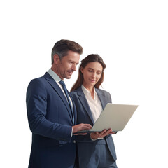 Two professionals, a man and a woman, in business attire, are shown discussing a laptop together against a transparent background