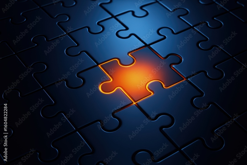 Poster illuminating insight: a close-up of a jigsaw puzzle with one piece aglow, symbolizing problem-solvin