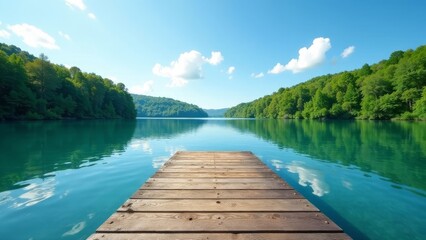 Fototapeta premium Tranquil Wooden Dock Extending into Serene Emerald Lake Surrounded by Lush Green Foliage Under a Bright Sunny Sky