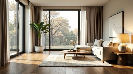 Fototapeta premium Serene Living Room with Natural Light and Minimalist Decor, Featuring a Comfortable Sectional Sofa and Large Windows Offering a Tranquil View of Lush Greenery