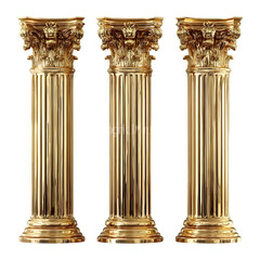 Fototapeta premium Three richly detailed golden classical columns, each with an intricately carved capital, are presented in isolation against a clean transparent background, symbolizing strength and enduring beauty
