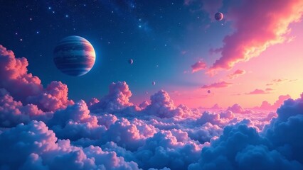 Fototapeta premium Celestial Dreamscape A Serene Panorama of Pink and Blue Clouds Under a Starry Sky Adorned with Planets