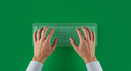 Hands typing on translucent keyboard