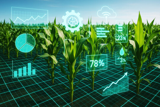 Growing green corn stalks with digital data analysis agriculture field