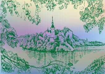 Monastery on the island. Line sketch converted into vector drawing.