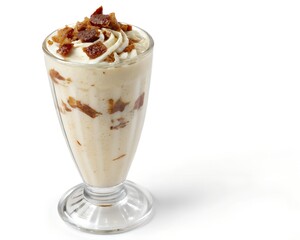 Bourbon maple bacon shake in tall clear glass with creamy swirl and bacon textures on white background