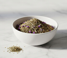 Fototapeta premium Mockup Of Ceramic Bowl With Herbal Blend On Marble Surface And Natural Light