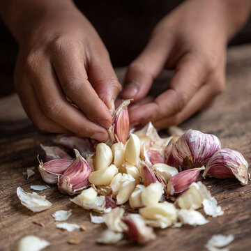 Hands peeling garlic cloves on a wooden surface with loose garlic skin around it