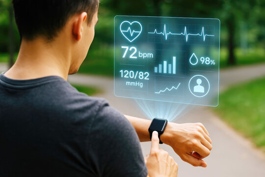 Man checking holographic health data on smartwatch augmented reality holographic display - Powered by Adobe