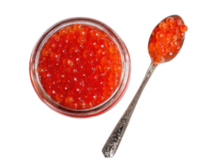 Red caviar in a jar and spoon