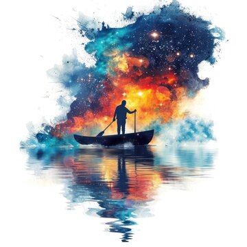 A solitary figure in a small boat navigates a vibrant cosmic scene