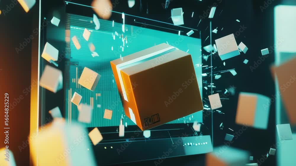 Poster digital abstract depicting cubes floating in futuristic, tech-themed environment