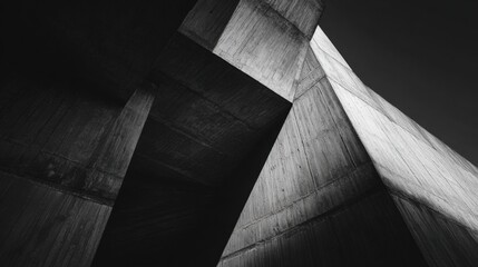 Black-and-white low angle shot of brutalist concrete structure building. High contrast, dramatic lighting and shadows.