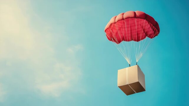 Cardboard package descends with red parachute against clear blue sky