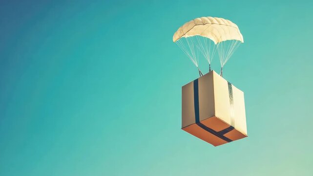 Package attached to parachute descends from sky