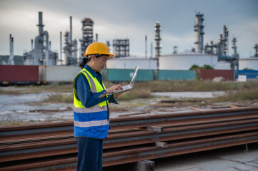 Asian female refinery engineer working night shift with laptop in oil refinery petrochemical plant