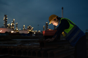 Asian female refinery engineer working night shift with laptop in oil refinery petrochemical plant