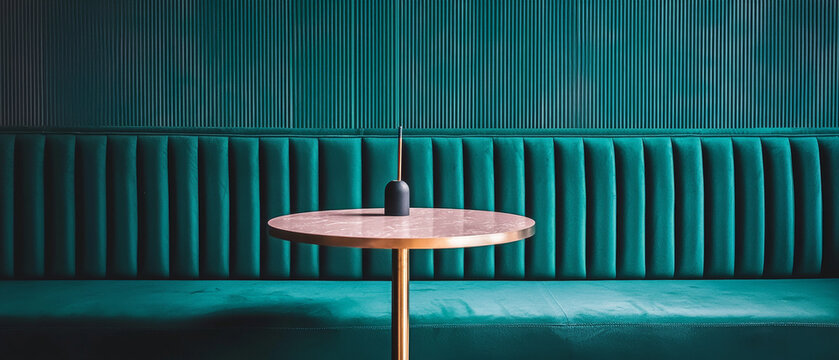 Teal velvet booth, small round table, single dark object