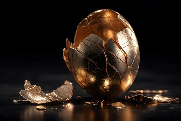 A cracked golden egg on a dark reflective surface, symbolizing wealth, fragile investments, risk, and new beginnings.