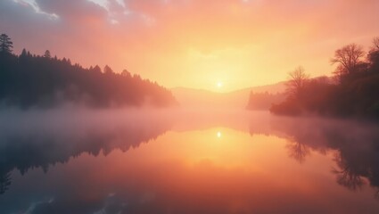 Fototapeta premium Sunrise over a lake shrouded in mist.