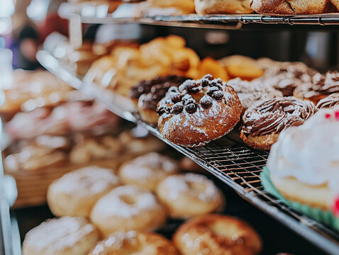 Sweet pastries and donuts on display rack