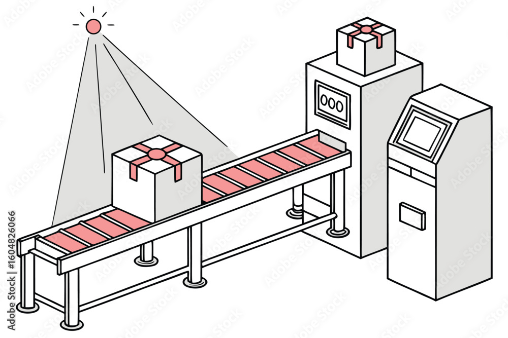 Poster automated conveyor belt system with gift boxes and inspection station for quality control process