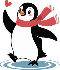 Fototapeta premium Cute cartoon penguin wearing a red scarf holding a heart in a playful vector illustration