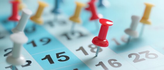 The colorful pushpins highlighting important dates on a calendar.