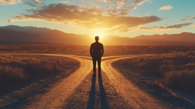 A lone figure faces a split road at sunset in a vast desert landscape