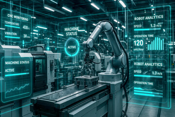 Robotic arm operating in automated factory with digital interface displays automation