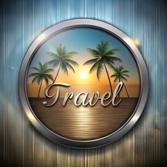 Modern tropical design with word TRAVEL in metallic round background surrounded by palm trees used as logo symbol template for travel marketing social media ads vacation banners and agency promotions