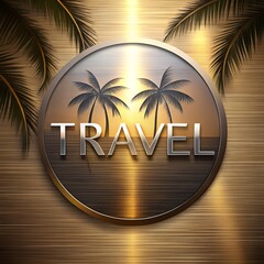 Square image with metallic background palm trees and large word TRAVEL designed as a logo template for travel agency tourism promotion or vacation advertising modern tropical holiday visual marketing 