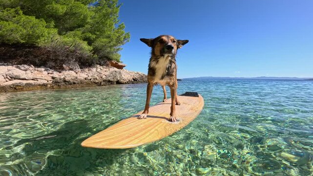 PORTRAIT: Brown shepherd dog stands on surfboard and floats on crystal clear, calm ocean water under bright blue sky. Summer scene with furry pet framed by lush green pine trees and rugged rocky shore
