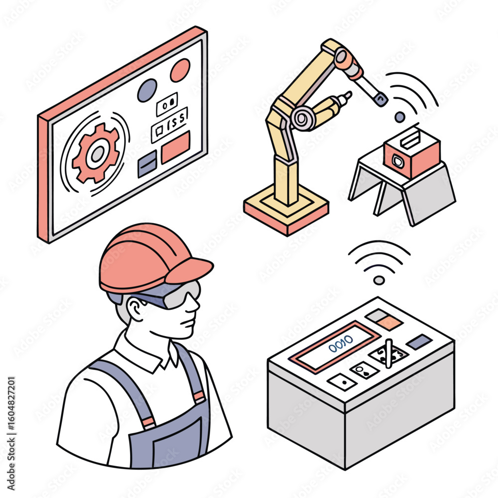Poster isometric illustration of a factory worker with control panels and a robotic arm in a factory settin