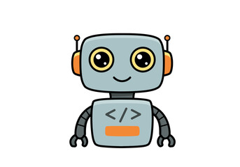 Cute Cartoon Robot Character with Coding Symbol for Technology and Education