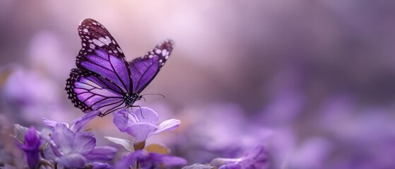 The breathtaking butterfly resting on delicate purple flowers in a serene garden.