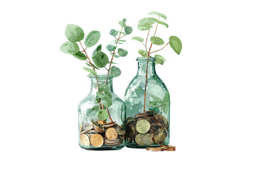 Two glass bottles, filled with coins and foliage, create a still life