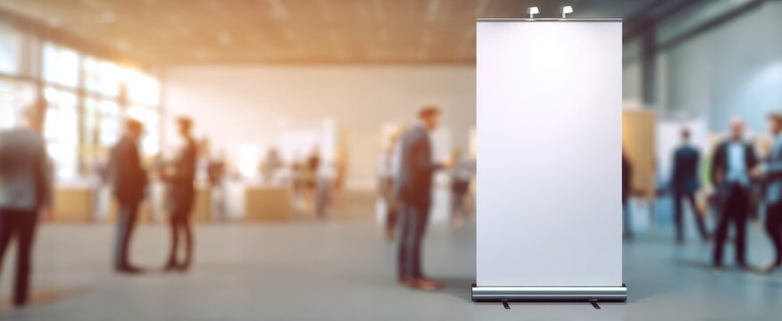 The blank banner stand ready for showcasing creativity in a business event setting.