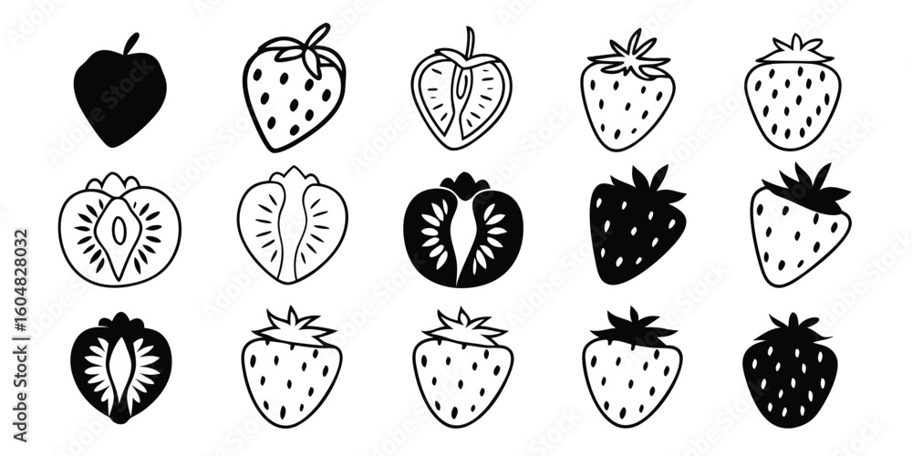 Poster assorted strawberry vector illustration in black and white on transparent background this image feat