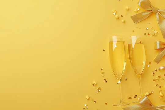 A yellow background with golden bows, champagne glasses, and confetti on the right side - Powered by Adobe