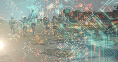 Running man in sportswear leading six children on beach, lifeguard tower, digital circuit overlay